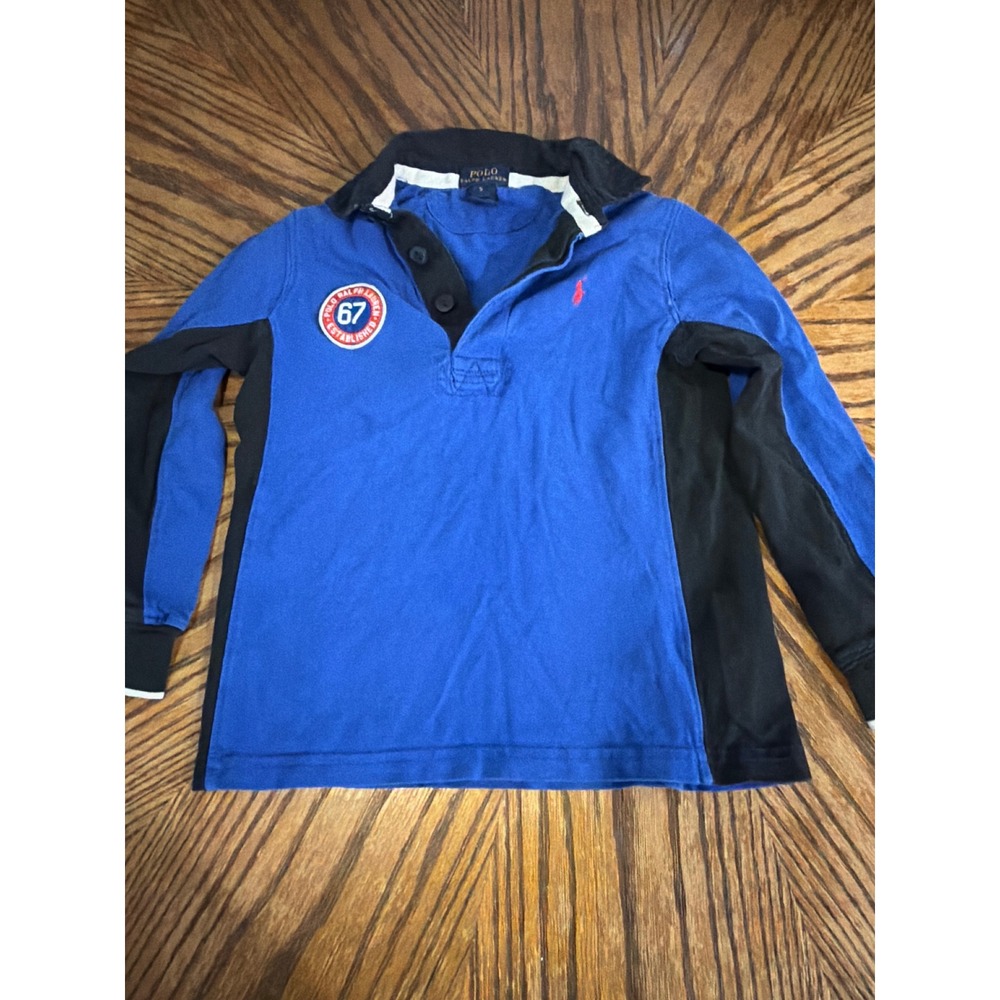 Polo Ralph Lauren Boys Blue Black Colorblock Rugby Shirt Size 5 67 Patch Pony